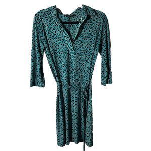 Mlle Gabrielle Dress Medium Black & Aqua Aztec Print Jersey Knit Belted Shift‎